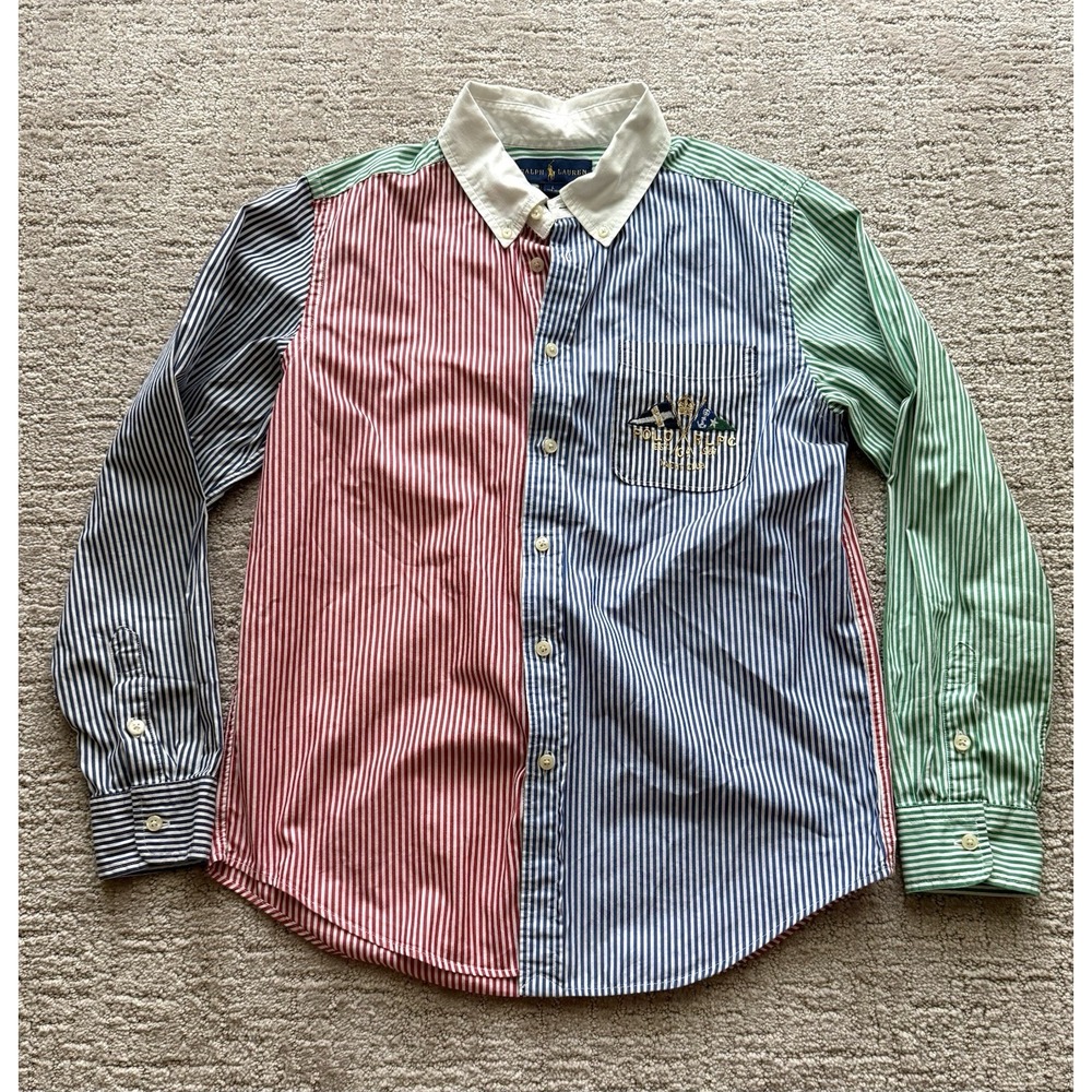 Vintage Ralph Lauren Button Down Boys L Primary Stripe Poplin Embroidered Logo